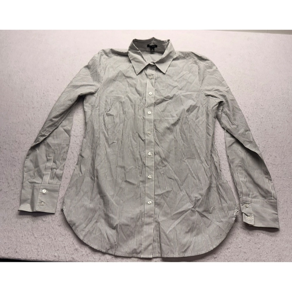Ann Taylor Womens 10 Blue White Striped Cotton Button Down Shirt Long Sleeve